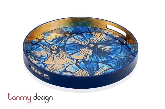 Blue round lacquer tray with water lily leaf pattern D40*4.5 cm